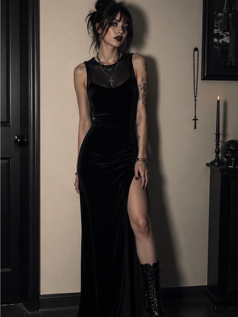 Y2K Black Velvet Dress with Side Slit